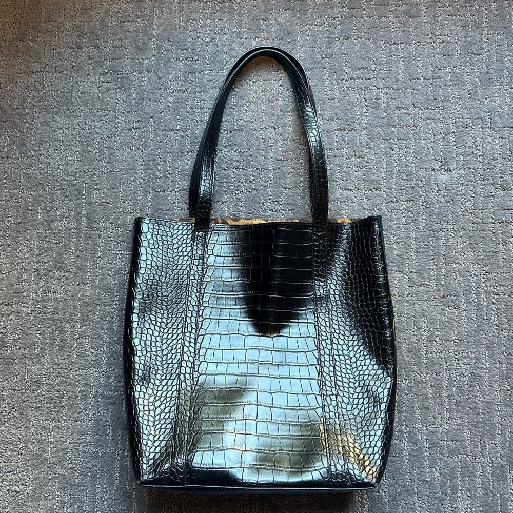 Ann Taylor Black Crocodile-Embossed Tote